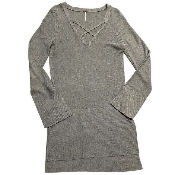 Free People Cut Out Criss Cross Front Green Tunic Sweater Split Cuffs Size M - Picture 2 of 5